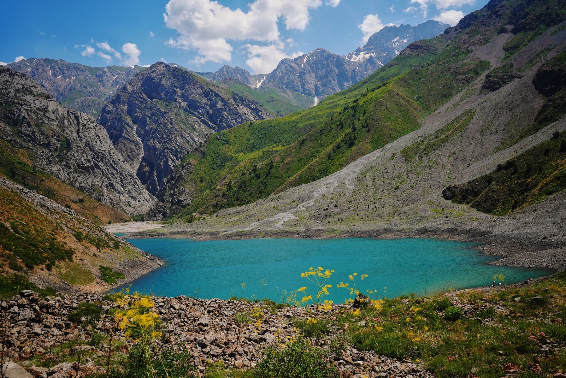 Turquoise water folded between ridges.