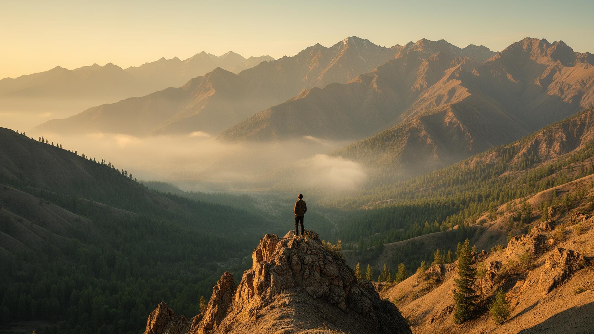 A traveler standing on a ridge above Uzbekistan's Chimgan mountains at golden hour
